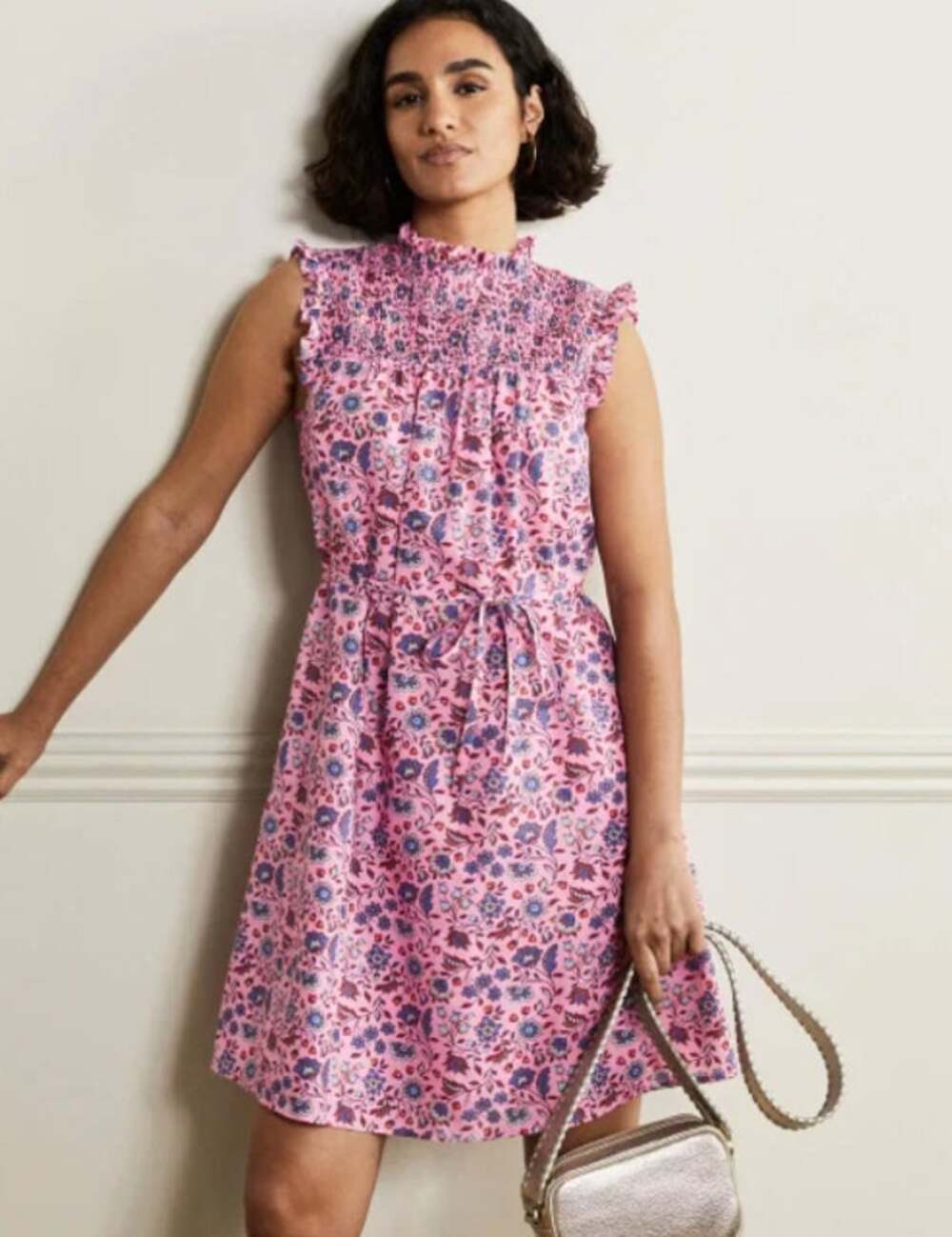 Boden Pink Blue Floral Smocked Waist Tie Mini Dress Cotton Whimsy Women size 10